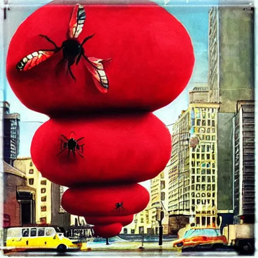 Prompt: “big red bees over city realistic panting”