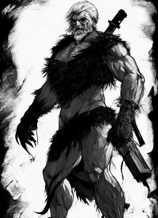 Image similar to Full body portrait of an old muscular man with white hair and black beard wearing bear skin. In style of Yoji Shinkawa and Hyung-tae Kim, trending on ArtStation, dark fantasy, great composition, concept art, highly detailed.