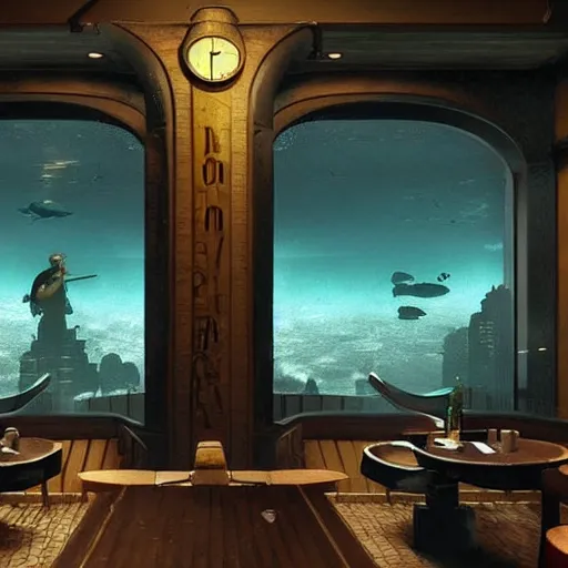 Image similar to In the world of rapture from the world of bioshock you are in a bar, there is a window that lets you see the whole city underwater and you are drinking a rum and coke