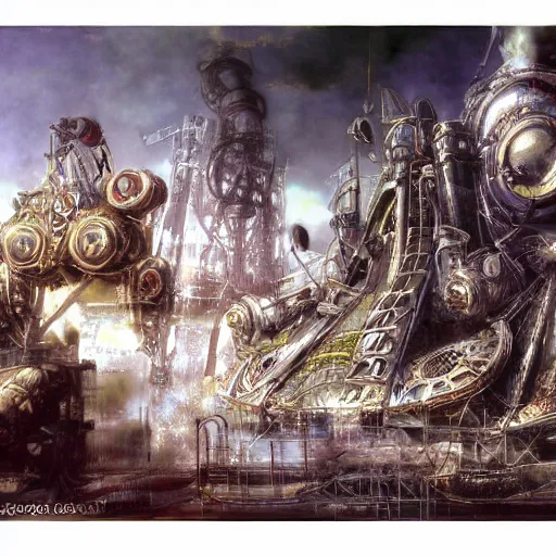 Image similar to painted conceptual art from from final fantasy 7 from the steam punk city midgard as backdrop, by master artist yoshitaka amano