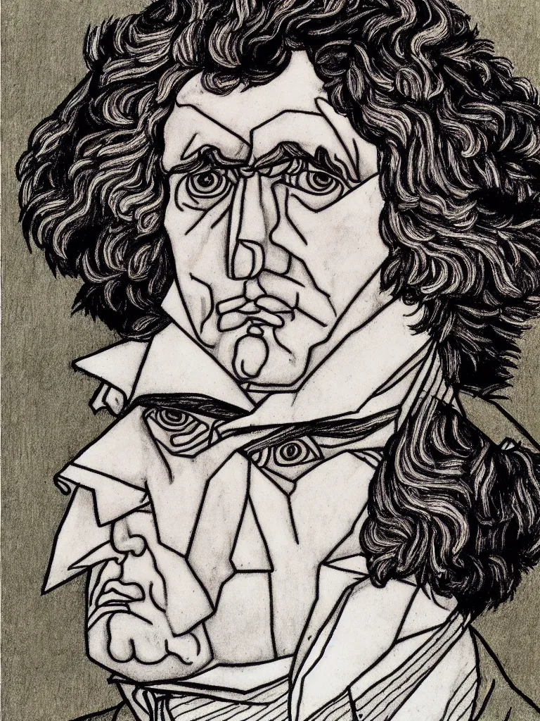 Image similar to a detailed line art portrait of writer beethoven, inspired by the work of egon schiele.