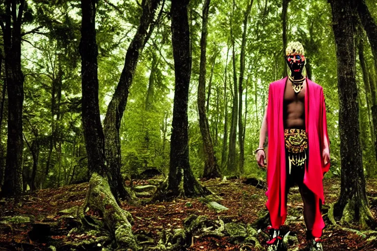 Image similar to versace avant garde male toga intricate textiles streetwear cyberpunk posing in the woods trees cloudy overcast dark late evening dramatic 3 5 mm professional color