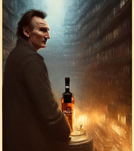 Prompt: liam neeson in a gin bottle. magical atmosphere. art by greg rutkowski. lifelike. very detailed 8 k. intricate. soft light. nikon d 8 5 0.