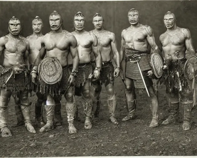 Prompt: group vintage photograph of a warrior orc tribe, tall, muscular, armored, highly detailed