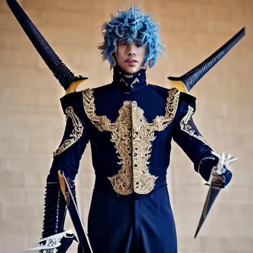 Image similar to medium face shot of adult Austin Butler dressed in futuristic-baroque prussian blue duelist-garb with Griffin-Ram embroidery emblem, and nanocarbon-vest and greaves, standing in an arena in Dune 2020, XF IQ4, f/1.4, ISO 200, 1/160s, 8K, face in-frame