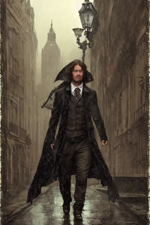 Image similar to a detailed matte portrait of jared padalecki in a supernatural sherlock holmes story, 1 8 th century london in the rain, city streets, ominous, masterpiece, 8 k, art by alphonse mucha and greg rutkowski