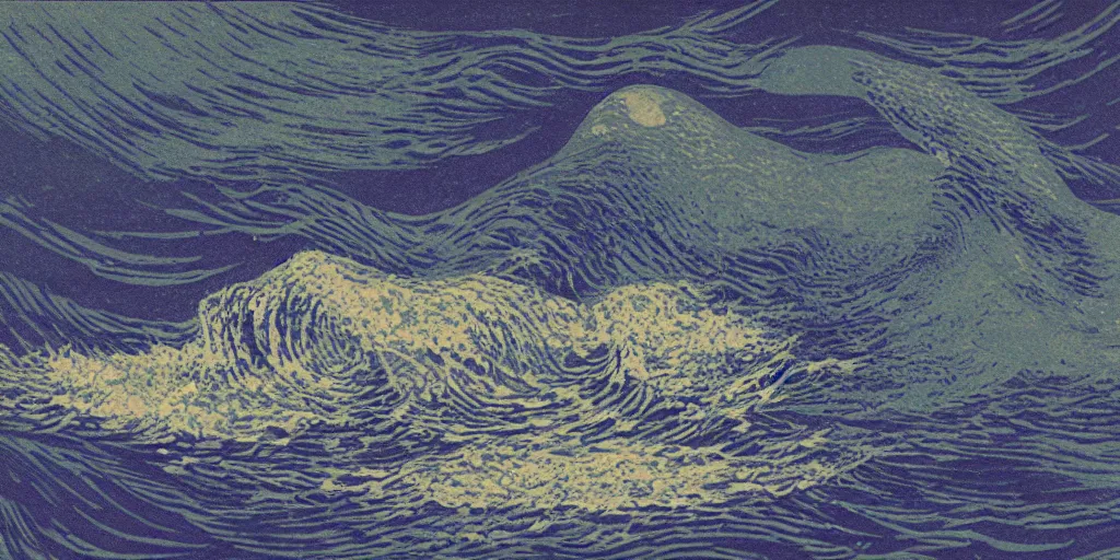 Image similar to An aesthetically pleasing, dynamic, energetic, lively, well-designed digital art of a whale, ripples, waves, sea foam, light and shadow, ocean caustics, aizome patterns, shin-hanga by Claude Monet, traditional Japanese colors, superior quality, masterpiece, excellent use of negative space.