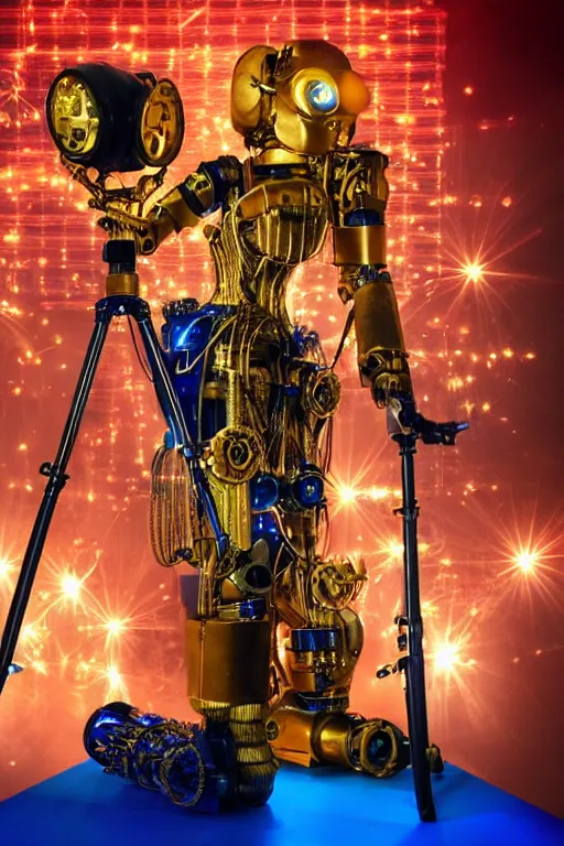 Image similar to portrait photo of a giant huge golden and blue metal humanoid female steampunk robot singer with headphones and gears and tubes, in the foreground is a big red glowing microphone on a tripod, eyes are glowing red lightbulbs, shiny crisp finish, 3 d render, 8 k, insaneley detailed, fluorescent colors, background is multicolored lasershow