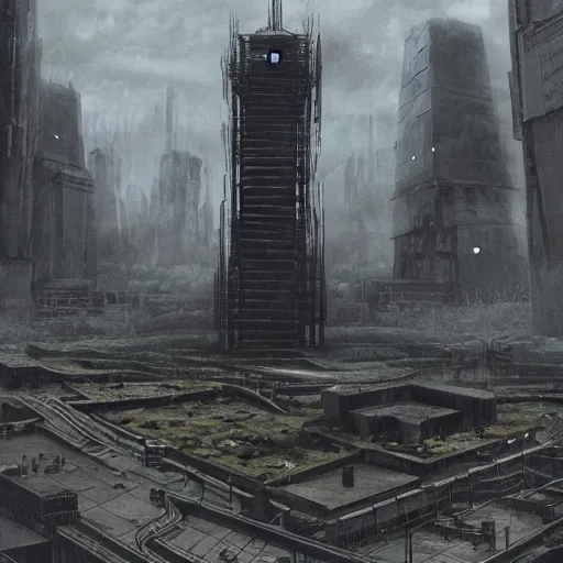 Prompt: “The plaza around the base of the megabuilding was being patrolled by Battletech. The tower was made of solid black metal and stone. POV looking up at tower. Anime background artwork in the style of Akira. 2077 photo mode by Marc Simonetti, artwork by Ted Nasmith, Ted Nasmith and Marc Simonetti, 8K, D&D concept art, 2077 wallpaper”