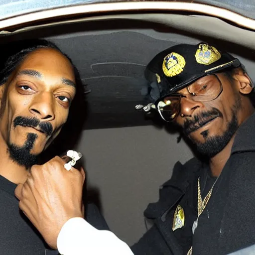 Image similar to Snoop Dogg smokes a joint, smoky red eyes, sits in a police car