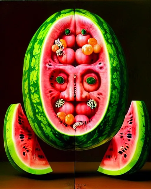 Image similar to interdimensional human watermelon face being made out of fruits, ethereal still life renaissance painting by giuseppe arcimboldo and alex grey