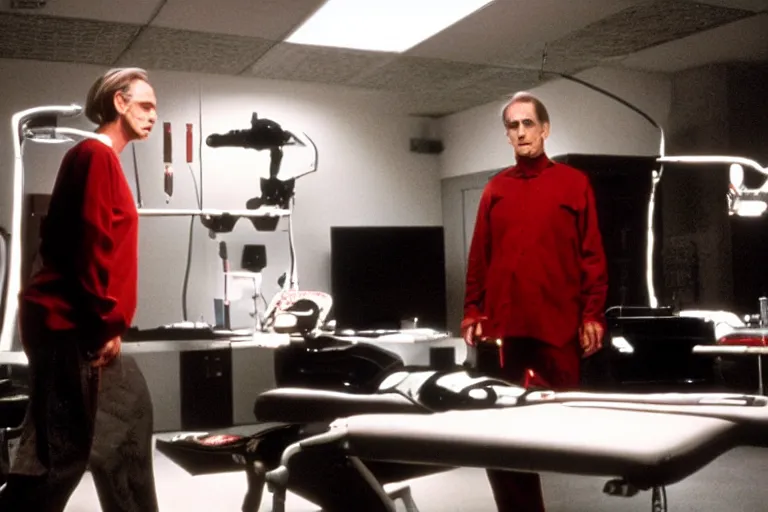 Image similar to a scene from the movie dead ringers with jeremy irons, dark cinematic lighting, heavy black and red palette and color contrast, medical equipment, movie directed by wes craven