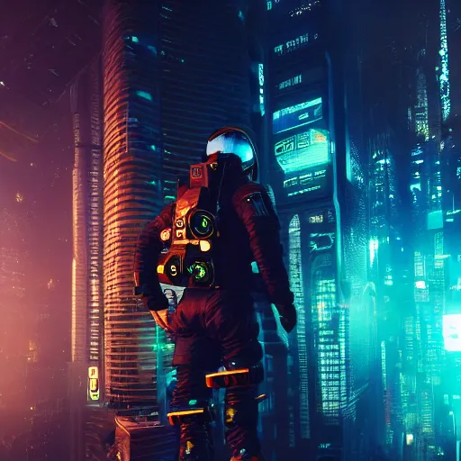 Prompt: professional photo of astronaut from low angle shot with cyberpunk city on background, blade runner, hyperrealistic masterpiece, trending on artstation, cgsociety, kodakchrome, golden ratio, cinematic, composition, beautiful lighting, hyper detailed, sharp focus, octane render, 4 k, unreal engine