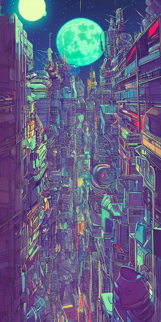 Image similar to astronaut cyberpunk surreal upside down city with a full moon, neon lights, sharp edges, flat colors, cell shaded, wide angle lens by moebius, Jean Giraud, trending on artstation