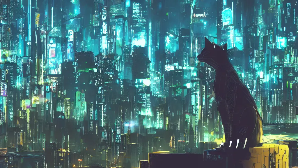 Prompt: a cyberpunk cat on a hill looking to a cyberpunk city wallpaper