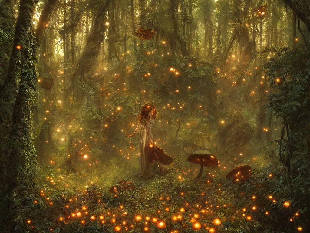 Prompt: Painting of a fantasy forest with mushrooms and fireflies, intricate, wild, highly detailed, digital painting, artstation, concept art, smooth, sharp focus, illustration, art by artgerm and greg rutkowski and alphonse mucha