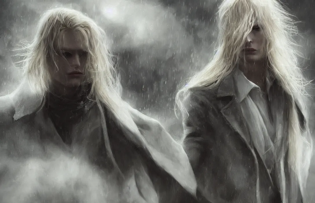 Prompt: a realistic detail portrait of a beautiful johan liebert alucard in middle earth, long blond hair, very very very light pale white skin, beautiful long blond hair, raining, mist, magic, dragon, goth by Julian calle, wlop, greg rutkowski, Finnian MacManus, Trending on artstation, black and yellow scheme, 8k, RE Engine