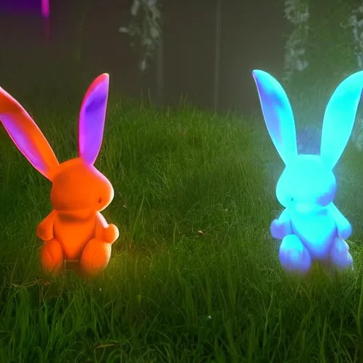 Image similar to neon fluorescent, iridescent cute bunny rabbits with fairy wings cyperpunk 2 0 7 7, unreal engine 5, 8 k ultra realistic, hyperdetailed, volumetric lighting, extremely high quality