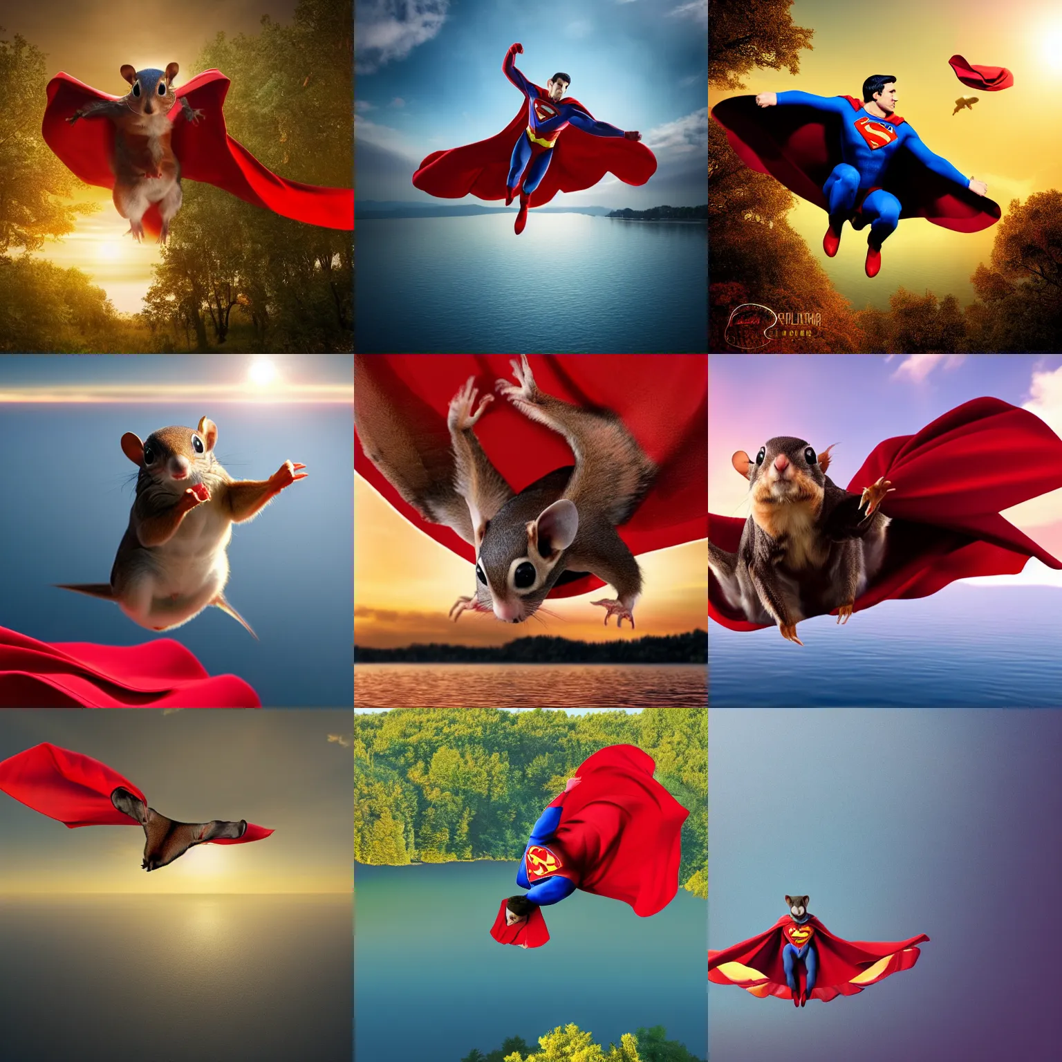 Prompt: a high quality photo of a flying squirrel as superman, wearing red cloak, gliding, soaring over a lake in forest, golden hour, render, ultra photorealistic, epic lighting, cgsociety