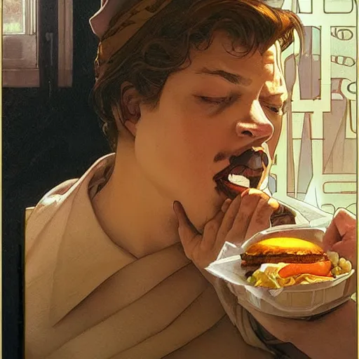 Prompt: amazing lifelike award winning pencil illustration of Orson Welles eating Hamburgers trending on art station artgerm Greg rutkowski alphonse mucha cinematic