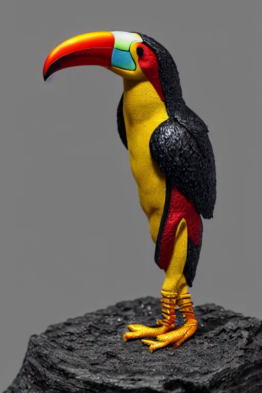 Image similar to a macro photo of a cyborg toucan miniature figurine, dynamic pose, chrome parts, intricate details, intricately detailed textures, warm lighting, vivid colors, realistic octane render, hyper realistic render, volumetric shading, depth of field, raytracing, 8 k,