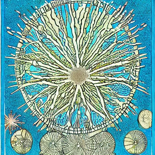 Prompt: diagram of interdimensional dendrite in non - eucledian space by ernst haeckel and geoff darrow, ink and watercolor