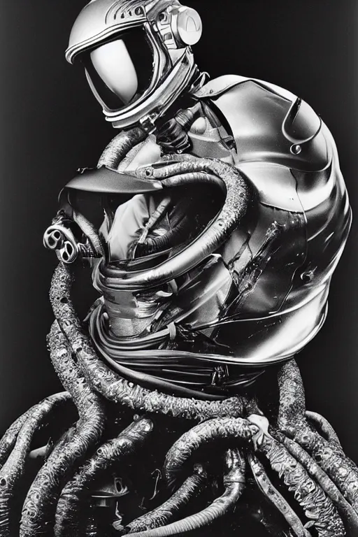 Prompt: extremely detailed studio portrait of space astronaut, alien tentacle protruding from eyes and mouth, slimy tentacle breaking through helmet visor, shattered visor, full body, soft light, disturbing, shocking realization, award winning photo by herb ritts