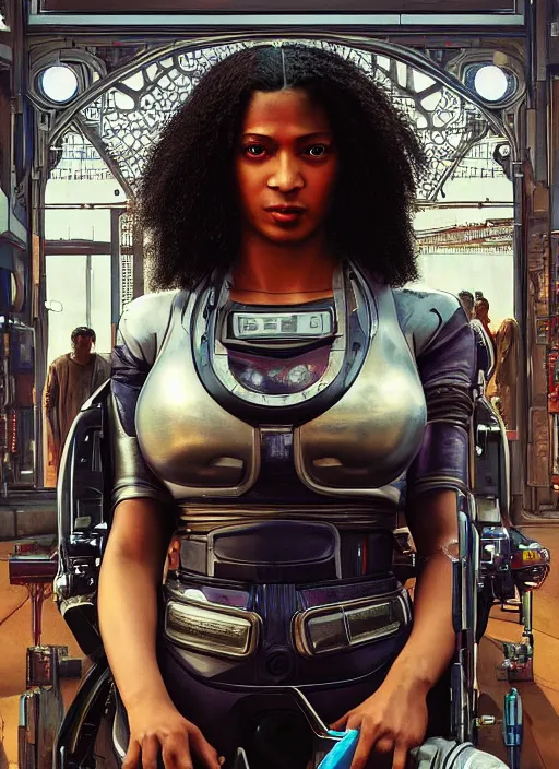 Image similar to Maria Igwe. Beautiful Cyberpunk mechanic with robotic legs. (Cyberpunk 2077, bladerunner 2049). Iranian orientalist portrait by john william waterhouse and Edwin Longsden Long and Theodore Ralli and Nasreddine Dinet, oil on canvas. Cinematic, vivid colors, hyper realism, realistic proportions, dramatic lighting, high detail 4k