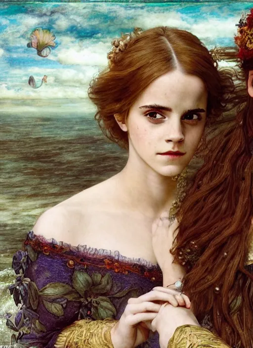 Image similar to emma watson detailed colourful masterpiece of intricate preraphaelite photography couple portrait sat down extreme closeup, love, inside a full underwater train, detailed realistic expressions, wearing unusual clothes, by ford madox brown and william powell frith and frederic leighton and john william waterhouse and william morris, ultra wide angle