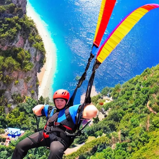Prompt: elon musk is paragliding in oludeniz, studio ghibli, anime background, azure sky,