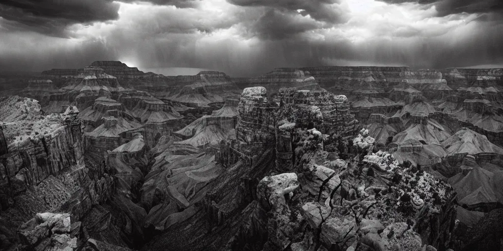 Image similar to dramatic film still of a cathedral by denis villeneuve, vultures, gothic architecture, top of the grand canyon, red rock strata, 24mm angle, studio ghibli and eddie mendoza, atmospheric, stormy, dramatic skies, moody, dark, cinematic, volumetric lighting, 8K