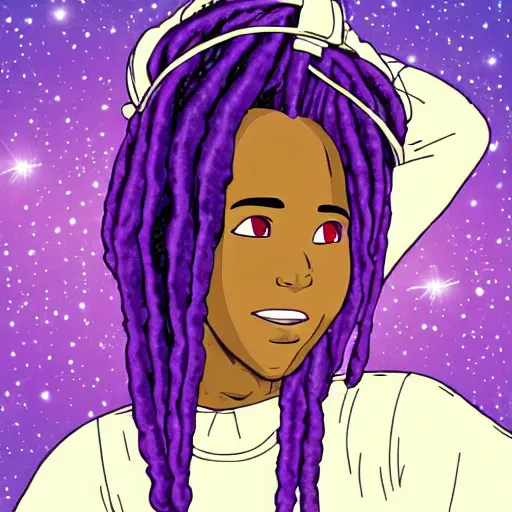 Image similar to black woman with purple dreads in space in the style of ghibli