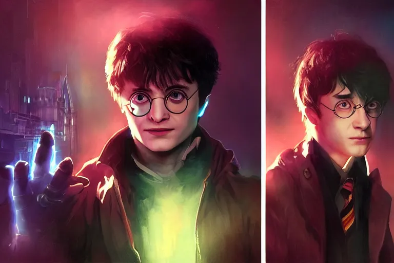 Image similar to portrait of Harry Potter in cyberpunk, neon lighting, portrait in center, digital art from artstation by Ruan Jia and Mandy Jurgens and Artgerm and william-adolphe bouguereau and Greg Rutkowski and Wayne Barlowe