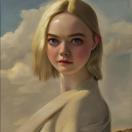 Prompt: Elle Fanning as an Android, head and shoulders masterpiece, oil on canvas, golden hour, in the world of Andrew Wyeth and Bosch, artstation, by J. C. Leyendecker and Peter Paul Rubens,
