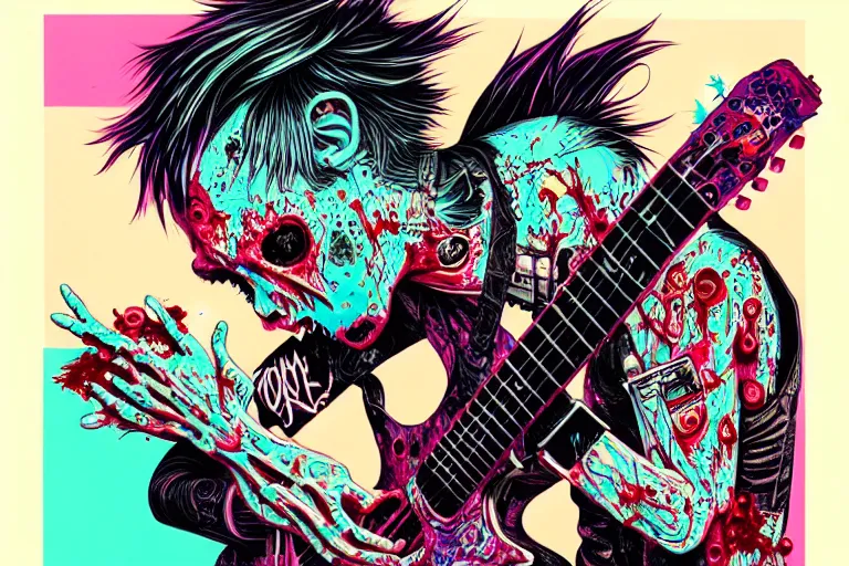 Image similar to risograph of a punk zombie playing guitar, tristan eaton, victo ngai, artgerm, rhads, ross draws, intricated details