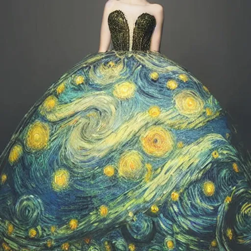Prompt: Stunning picture of a model wearing a magnificent ball gown inspired by Van Gogh's Starry Night. Studio lighting