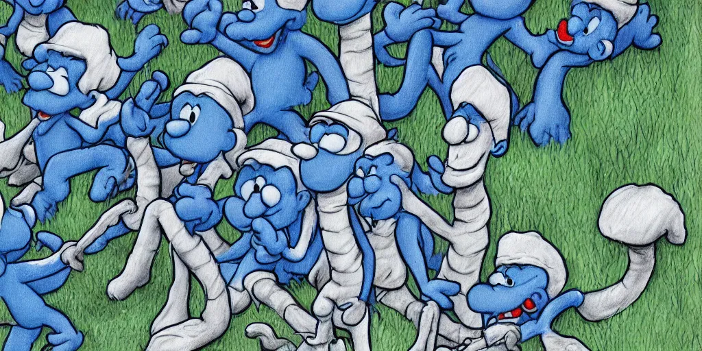 Image similar to in highly detailed color drawing of smurfs and white long bones