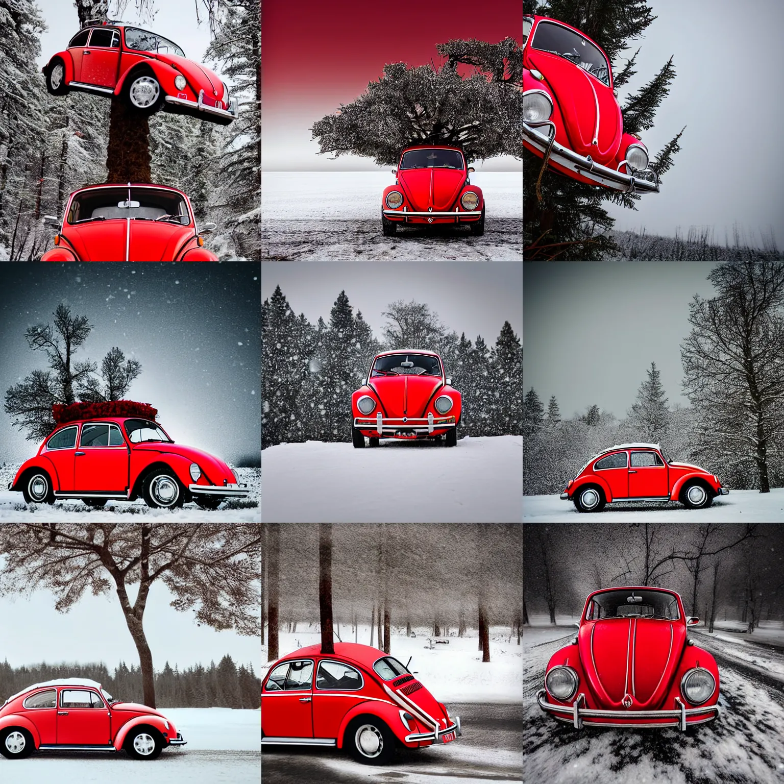 Prompt: extreme long shot of a red 1970 vw beetle on top of a tree, award winning photo, snow, high detail, desolate, atmospheric, 8k
