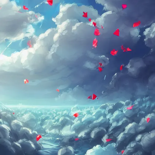 Prompt: background art of spaciously scattered longswords flowing and floating through the blowing swirling directional wind from left to right on a simple cloudy sky background, big puffy clouds, large individual rose petals, angular background elements, large polygonal fragments, anime, studio ghibli, artgerm, manga, trending on artstation, art nouveau, mature color scheme