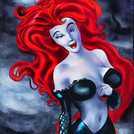 Image similar to black and red watercolor painting of little mermaid from disney by alex ross