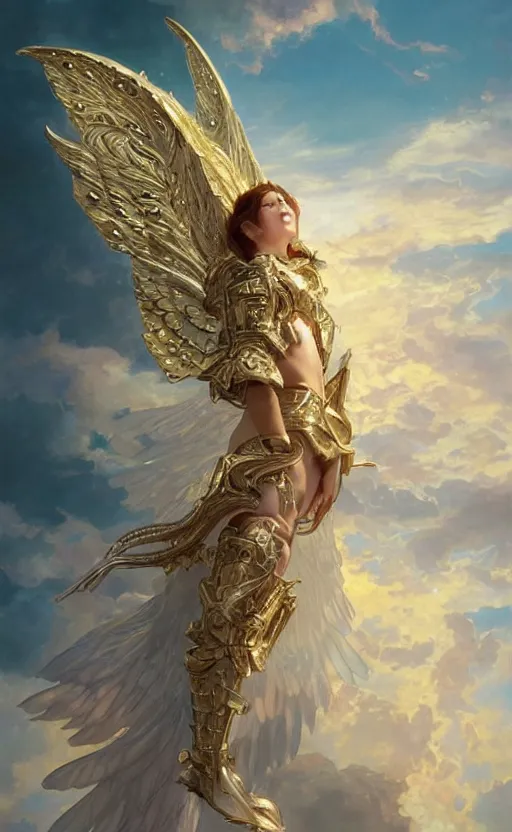 Prompt: A beautiful and fierce angel wearing fancy metallic battle armor and wings among heavenly clouds, intricate, elegant, highly detailed, digital painting, golden hour photography, medium shot, artstation, concept art, smooth, sharp focus, illustration, art by artgerm and Greg Rutkowski and Alphonse Mucha