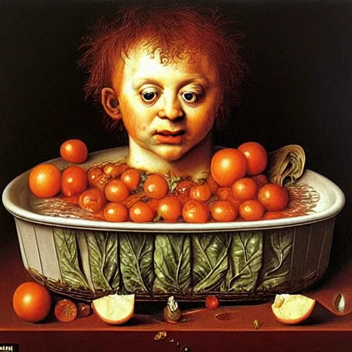 Image similar to a boy sitting in a tub full of tomato sauce, a lot of cabbage, by giuseppe arcimboldo and ambrosius benson, renaissance, portrait, fruit, intricate and intense oil paint, realistic