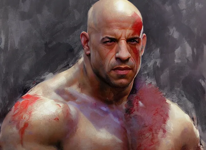 Prompt: a highly detailed beautiful portrait of vin diesel as kratos, by gregory manchess, james gurney, james jean