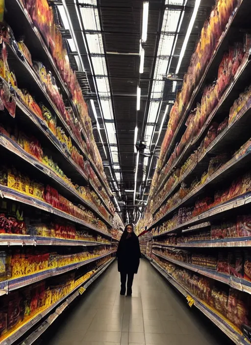 Prompt: being hunted by a monster in a labyrinth of grocery store aisles. liminal. dramatic lighting