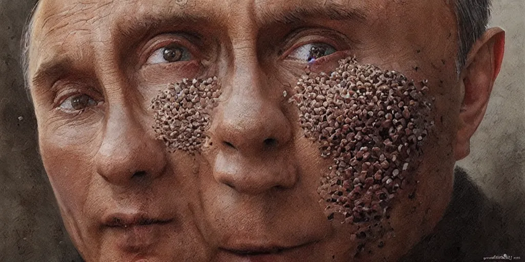 Image similar to portrait of vladimir putin's face made up of worms, james gurney, greg rutkowski, photorealistic, hyperdetailed