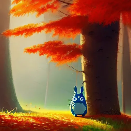 Prompt: goro fujita ilustration an autumn forest with large trees and light coming through the leaves | totoro walking, painting by goro fujita, sharp focus, highly detailed, artstation