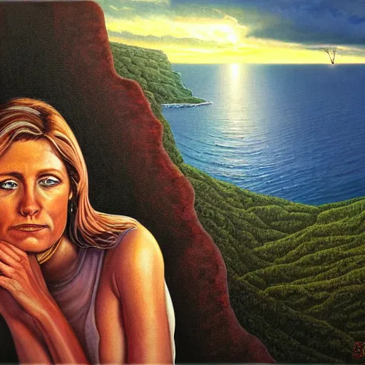 Image similar to a painting of a woman sitting on a cliff, a character portrait by barclay shaw, cg society, fantastic realism, official art, 1 9 9 0 s, academic art