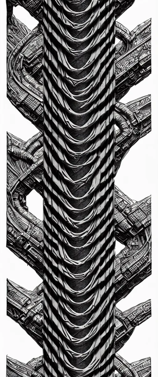 Prompt: a double helix dna cyberpunk carved pillar, high details, lineart, by vincent di fate, inking, screen print, masterpiece, trending on artstation, sharp, high contrast, hyper - detailed,, hd, 4 k, 8 k