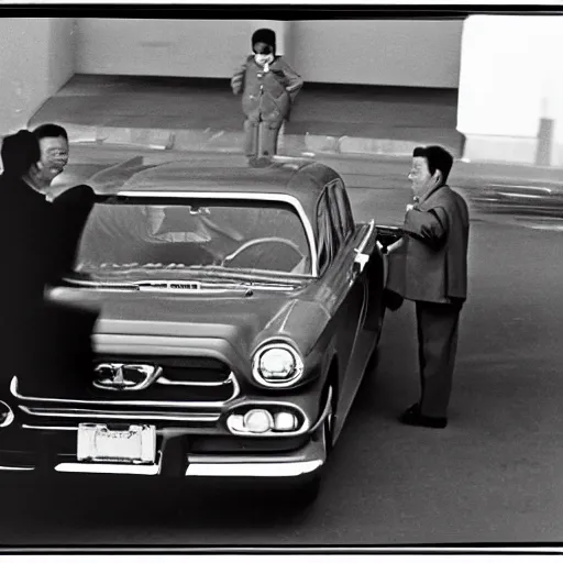 Prompt: 1960s press archive of middle-aged Kim Jong-il coming out of a car, face obscured, Reuters, 35mm film, film grain, mysterious exterior, underexposed