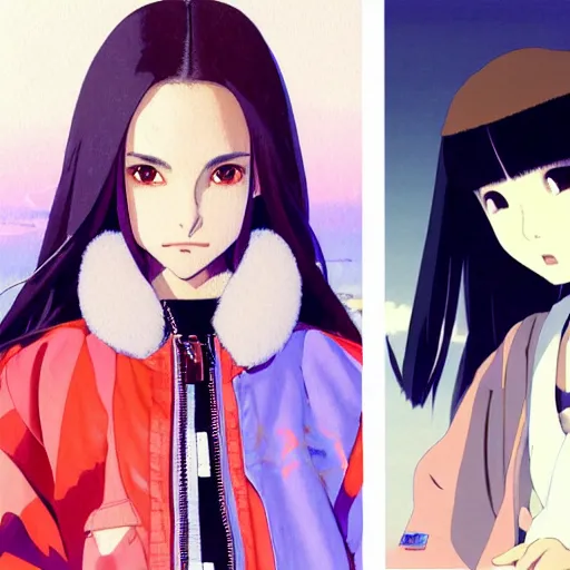 Image similar to a beautiful japanese natalie portman gravure model, wearing oversized native designer bomber jacket and leotard with overalls, bulky poofy bomber jacket with mesoamerican patterns, mesoamerican native street fashion, gapmoe yandere grimdark, trending on pixiv fanbox, painted by greg rutkowski makoto shinkai takashi takeuchi studio ghibli, akihiko yoshida